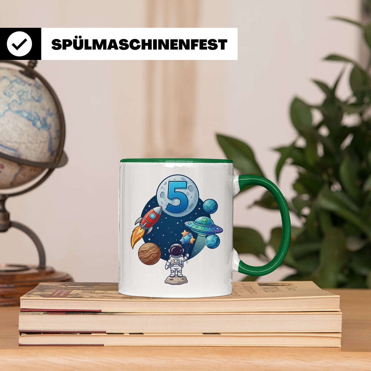 5. Geburtstag Tasse Junge mit Astronaut & Rakete, Weltraum G – Grün [farbe:grün]