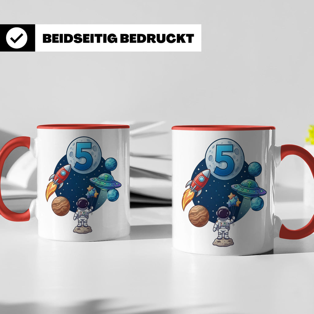 5. Geburtstag Tasse Junge mit Astronaut & Rakete, Weltraum G – Rot [farbe:rot]