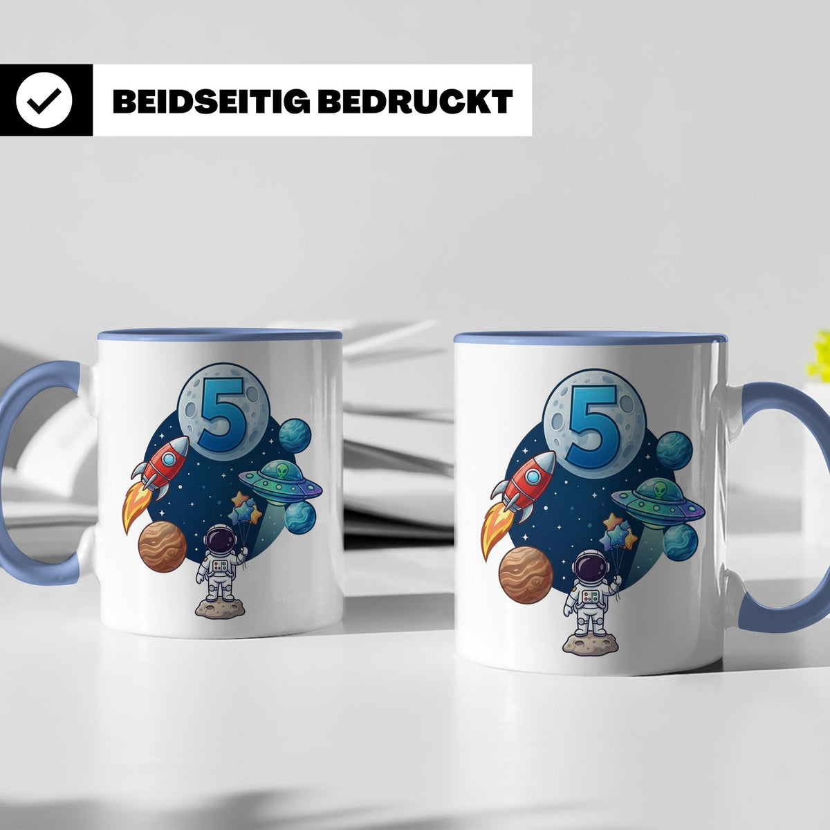 5. Geburtstag Tasse Junge mit Astronaut & Rakete, Weltraum G – Blau [farbe:blau]