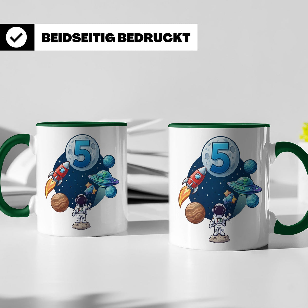 5. Geburtstag Tasse Junge mit Astronaut & Rakete, Weltraum G – Grün [farbe:grün]