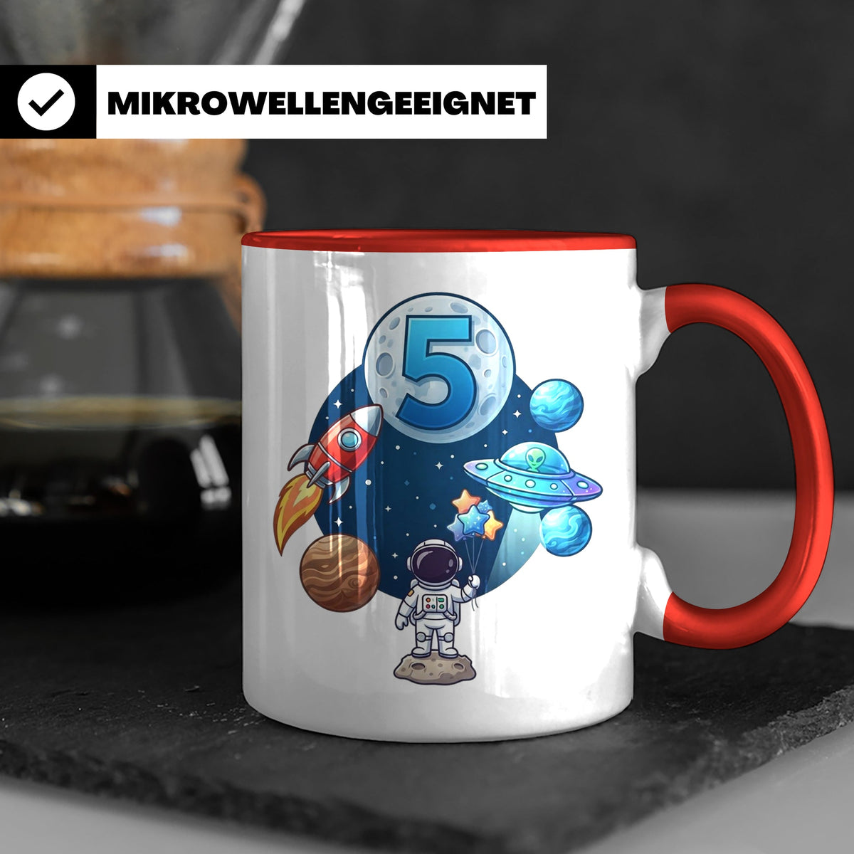 5. Geburtstag Tasse Junge mit Astronaut & Rakete, Weltraum G – Rot [farbe:rot]