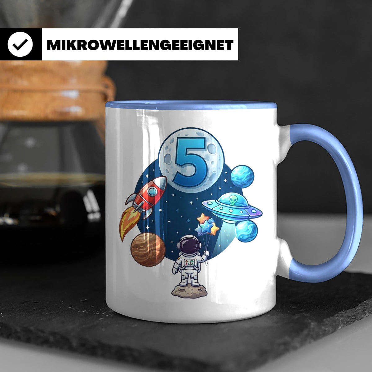 5. Geburtstag Tasse Junge mit Astronaut & Rakete, Weltraum G – Blau [farbe:blau]