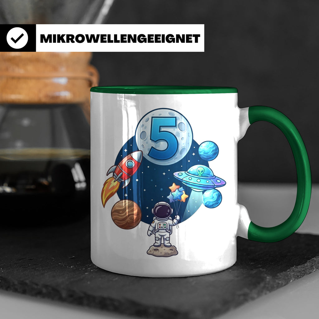 5. Geburtstag Tasse Junge mit Astronaut & Rakete, Weltraum G – Grün [farbe:grün]