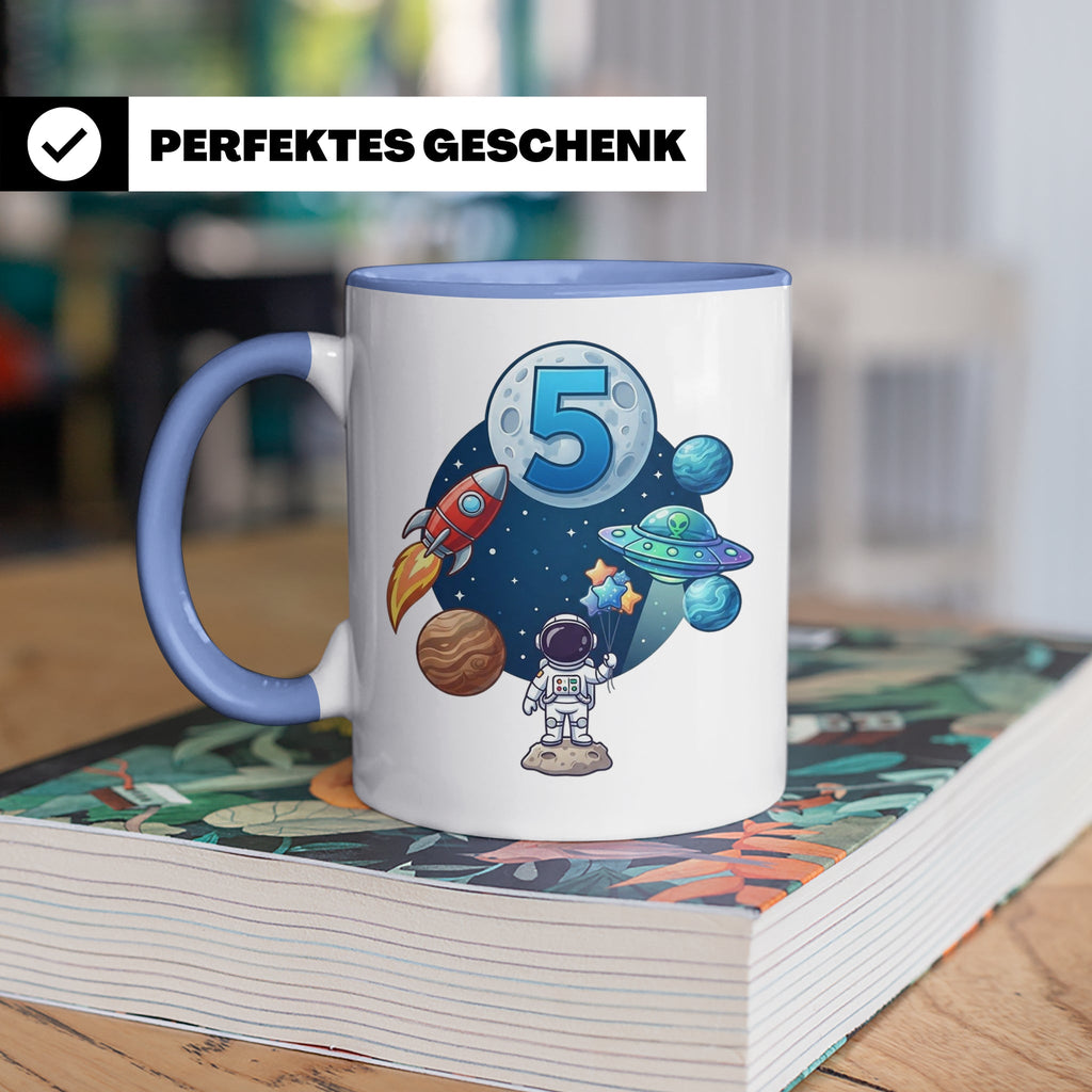 5. Geburtstag Tasse Junge mit Astronaut & Rakete, Weltraum G – Blau [farbe:blau]