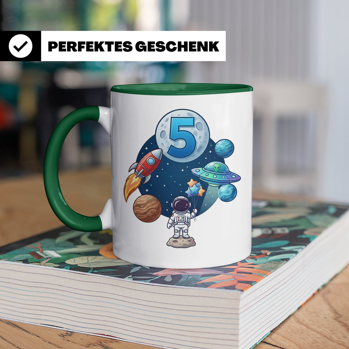 5. Geburtstag Tasse Junge mit Astronaut & Rakete, Weltraum G – Grün [farbe:grün]