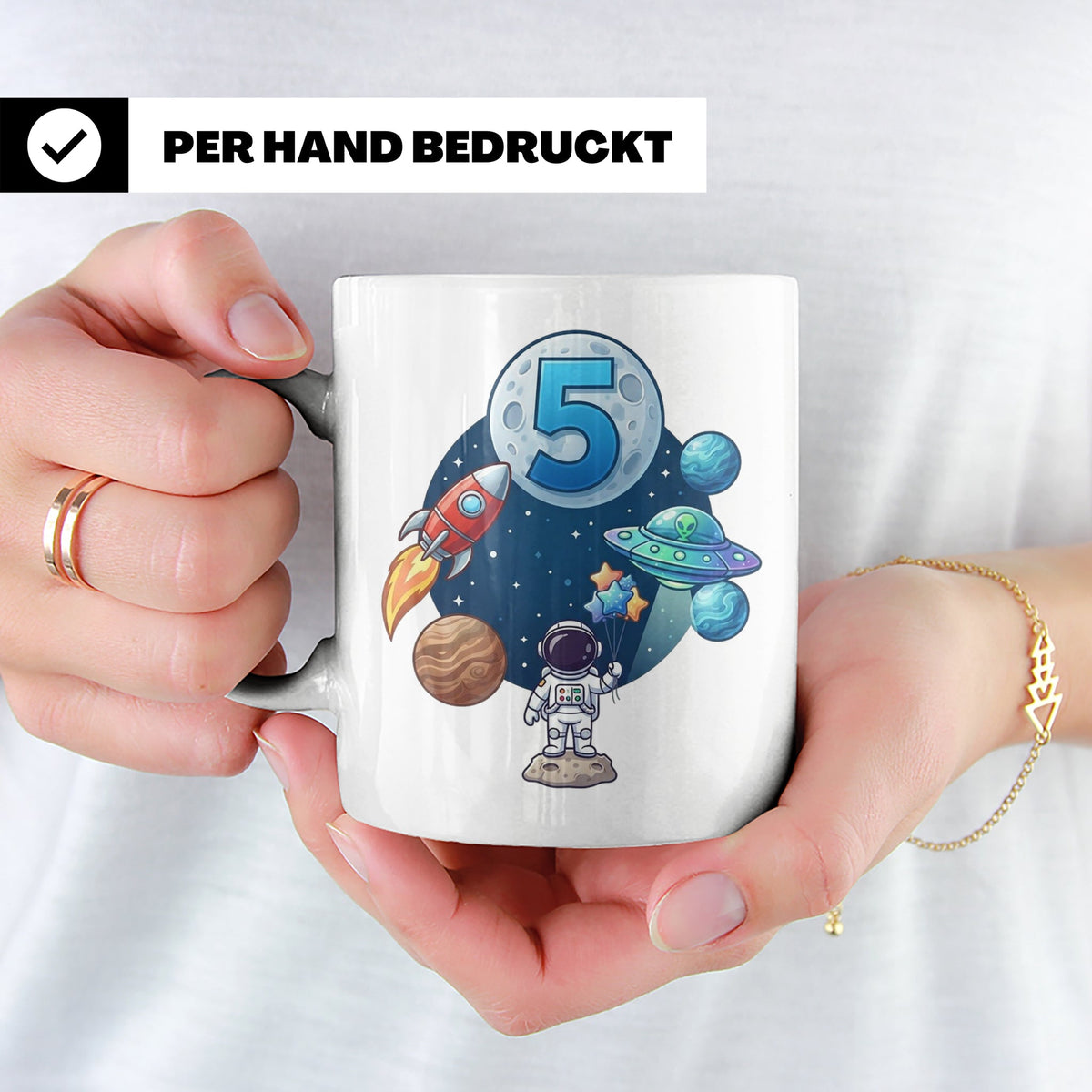 5. Geburtstag Tasse Junge mit Astronaut & Rakete, Weltraum G – Weiß [farbe:weiß]