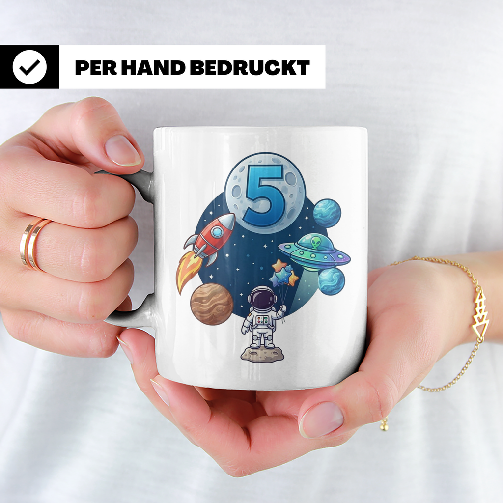 5. Geburtstag Tasse Junge mit Astronaut & Rakete, Weltraum G – Weiß [farbe:weiß]