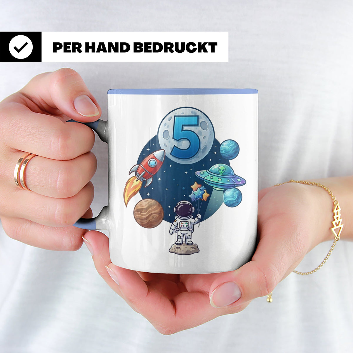 5. Geburtstag Tasse Junge mit Astronaut & Rakete, Weltraum G – Blau [farbe:blau]