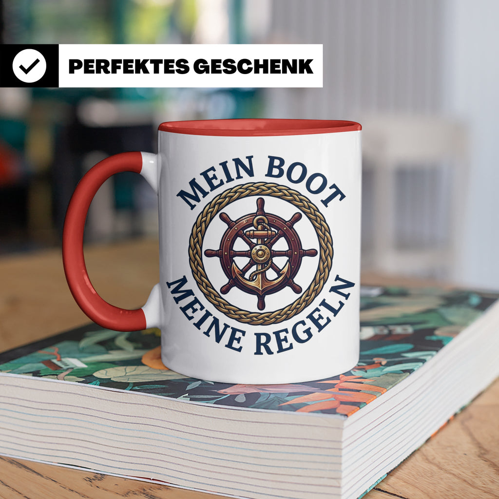 Mein Boot Meine Regeln Tasse, Geschenk für Kapitän & Bootsbe – Rot [farbe:rot]