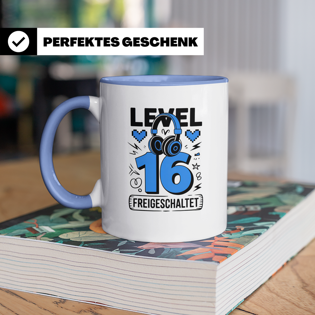 Level 16 Tasse freigeschaltet Gamer Geburtstag - Gaming Headset Geschenkidee für Zocker 16. Geburtstag - Geburtstagsgeschenk 16 Jahre