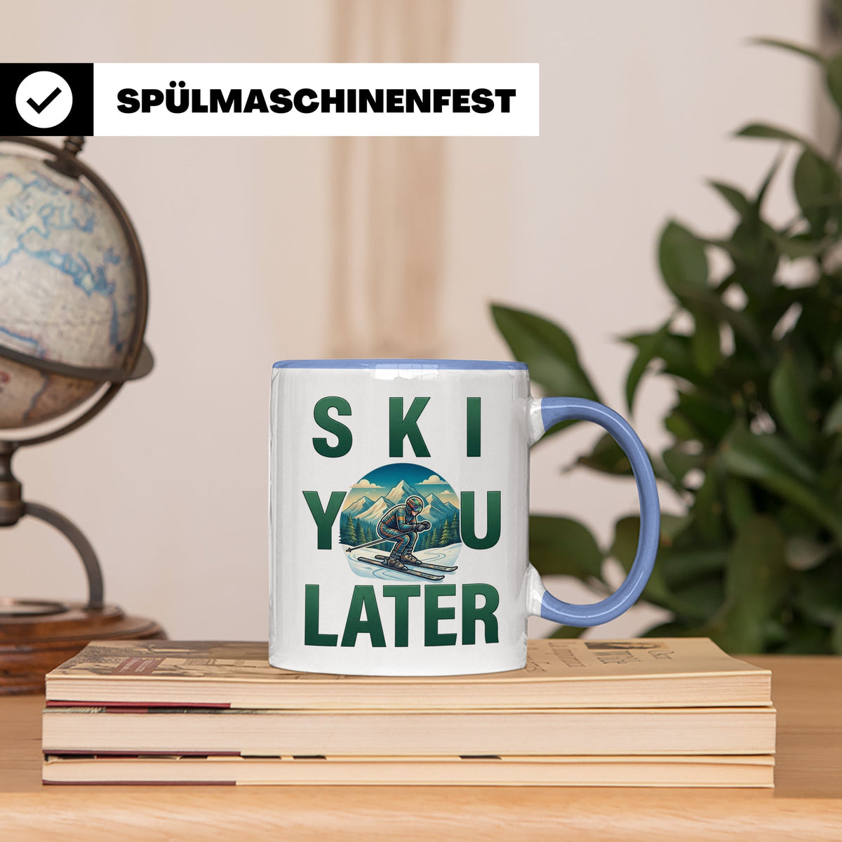 Skifahrer Tasse mit Spruch 'Ski You Later' | Retro Winterspo – Blau [farbe:blau]
