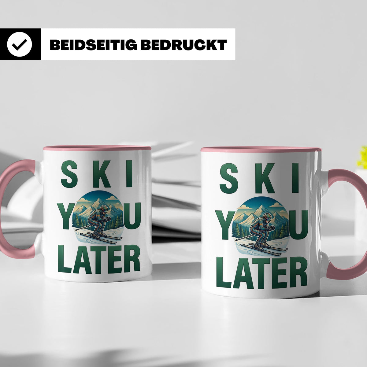 Skifahrer Tasse mit Spruch 'Ski You Later' | Retro Winterspo – Rosa [farbe:rosa]