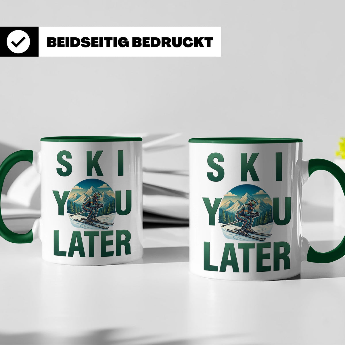 Skifahrer Tasse mit Spruch 'Ski You Later' | Retro Winterspo – Grün [farbe:grün]