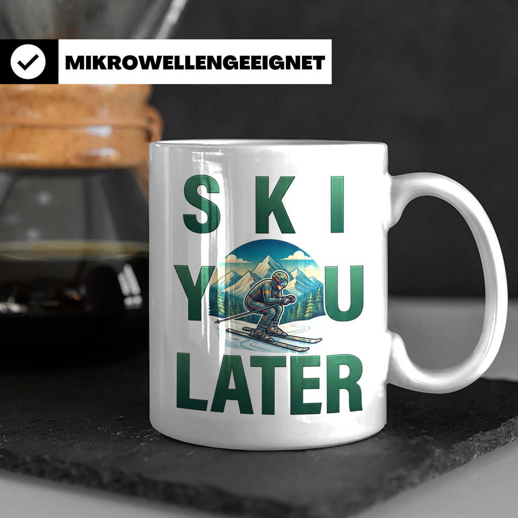 Skifahrer Tasse mit Spruch 'Ski You Later' | Retro Winterspo – Weiß [farbe:weiß]