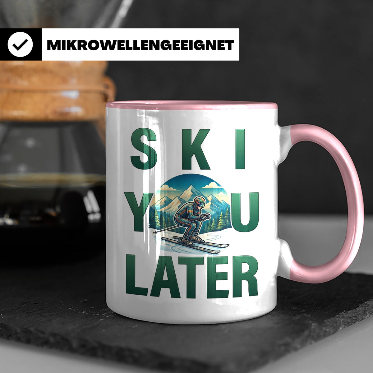Skifahrer Tasse mit Spruch 'Ski You Later' | Retro Winterspo – Rosa [farbe:rosa]