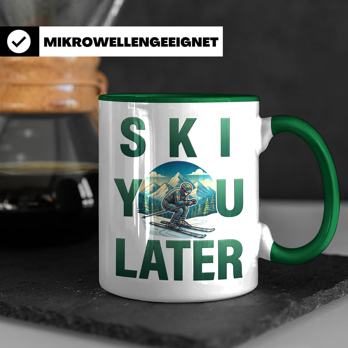Skifahrer Tasse mit Spruch 'Ski You Later' | Retro Winterspo – Grün [farbe:grün]