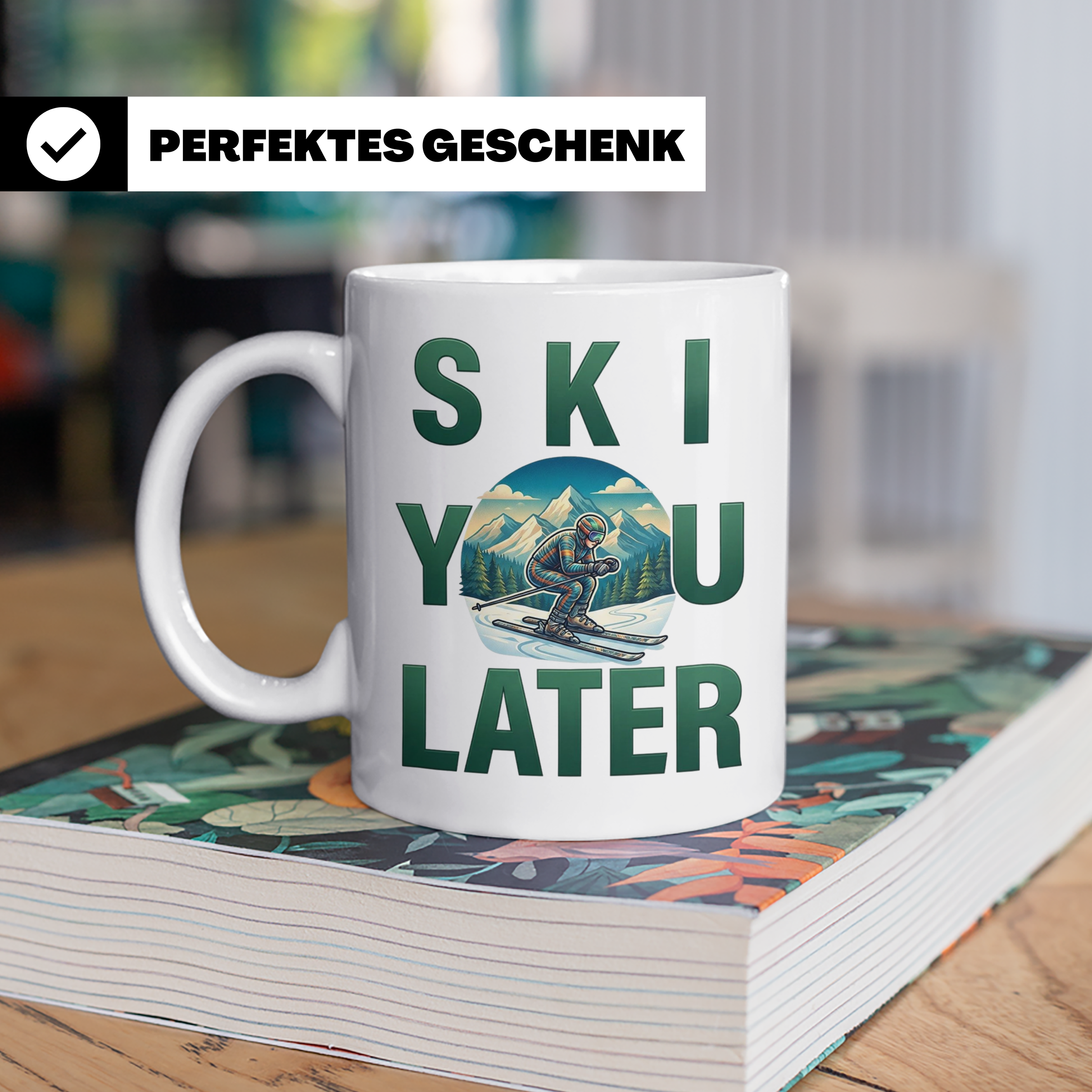 Skifahrer Tasse mit Spruch 'Ski You Later' | Retro Winterspo – Weiß [farbe:weiß]