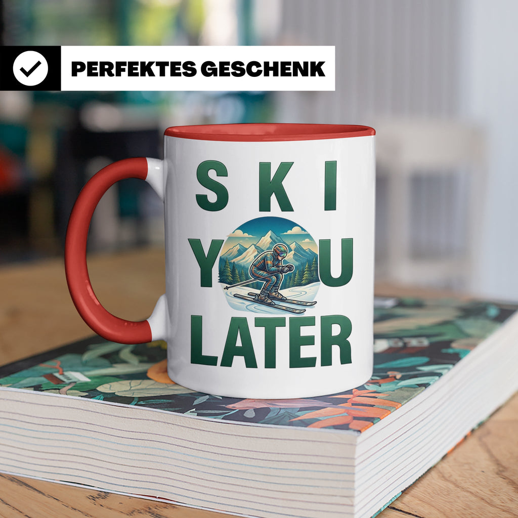 Skifahrer Tasse mit Spruch 'Ski You Later' | Retro Winterspo – Rot [farbe:rot]