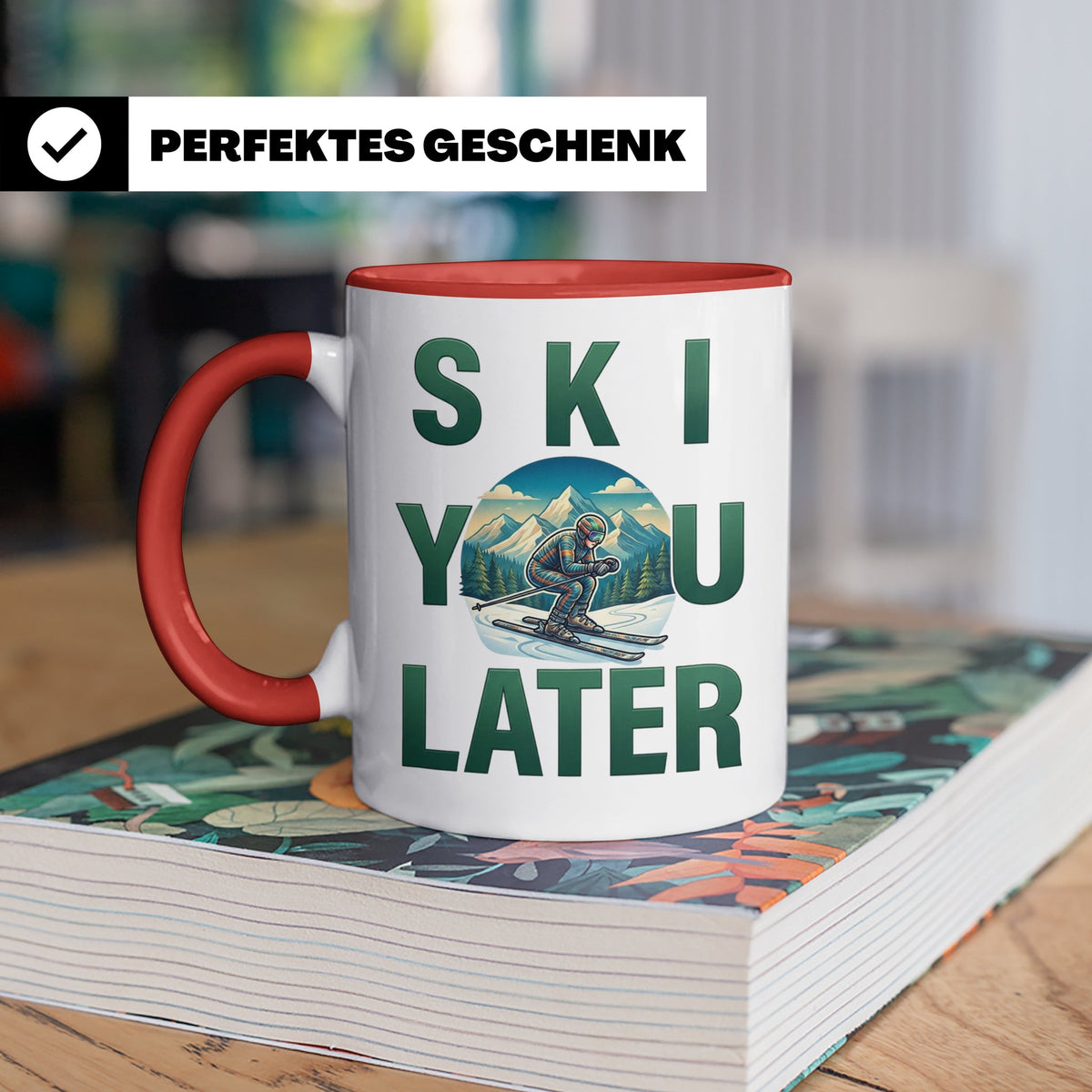 Skifahrer Tasse mit Spruch 'Ski You Later' | Retro Winterspo – Rot [farbe:rot]