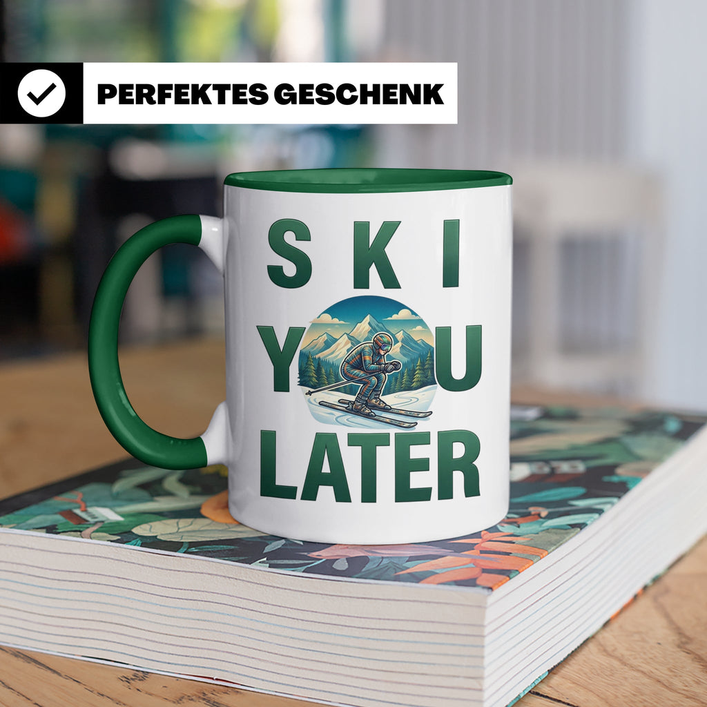 Skifahrer Tasse mit Spruch 'Ski You Later' | Retro Winterspo – Grün [farbe:grün]
