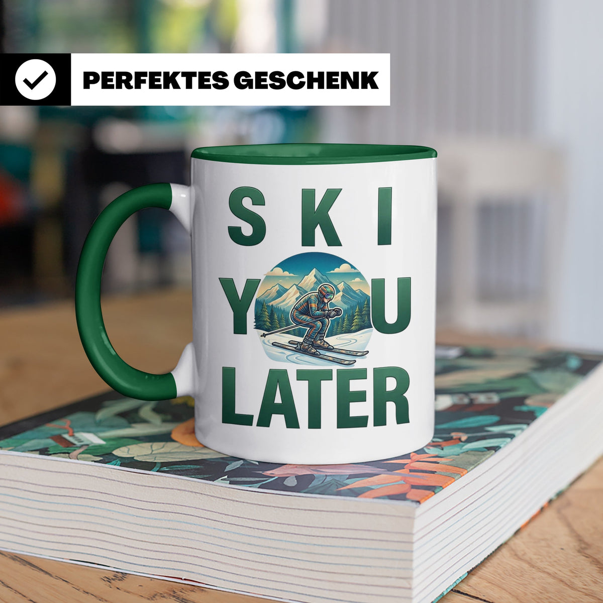 Skifahrer Tasse mit Spruch 'Ski You Later' | Retro Winterspo – Grün [farbe:grün]