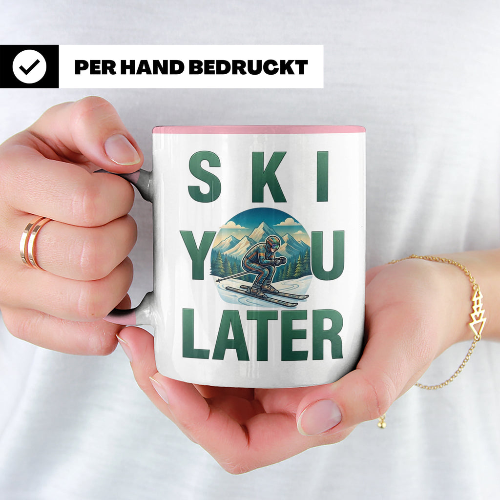 Skifahrer Tasse mit Spruch 'Ski You Later' | Retro Winterspo – Rosa [farbe:rosa]