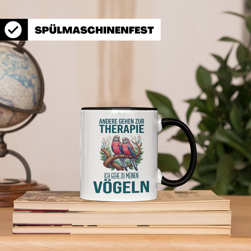 Vogelliebhaber Tasse mit Spruch Andere gehen zur Therapie, l – Schwarz [farbe:schwarz]