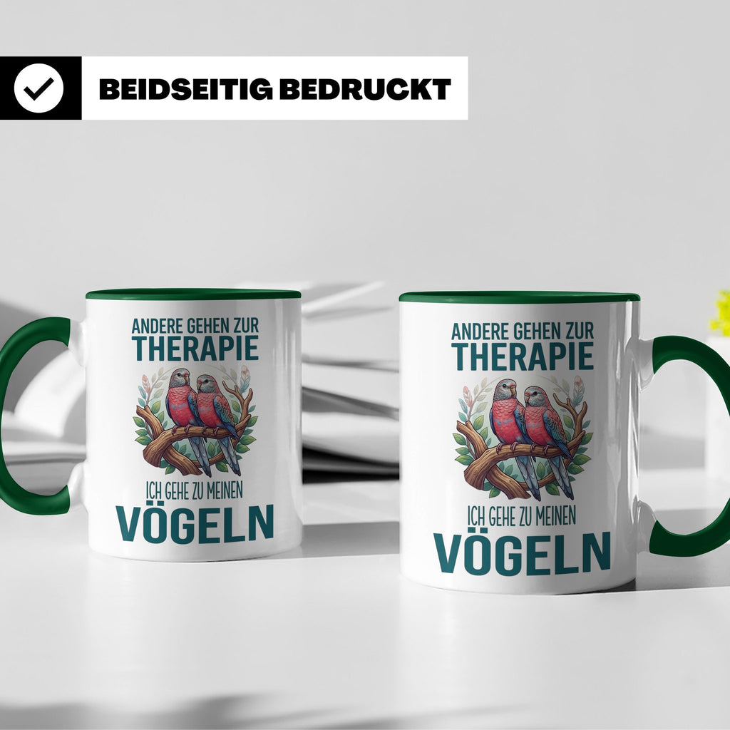 Vogelliebhaber Tasse mit Spruch Andere gehen zur Therapie, l – Grün [farbe:grün]