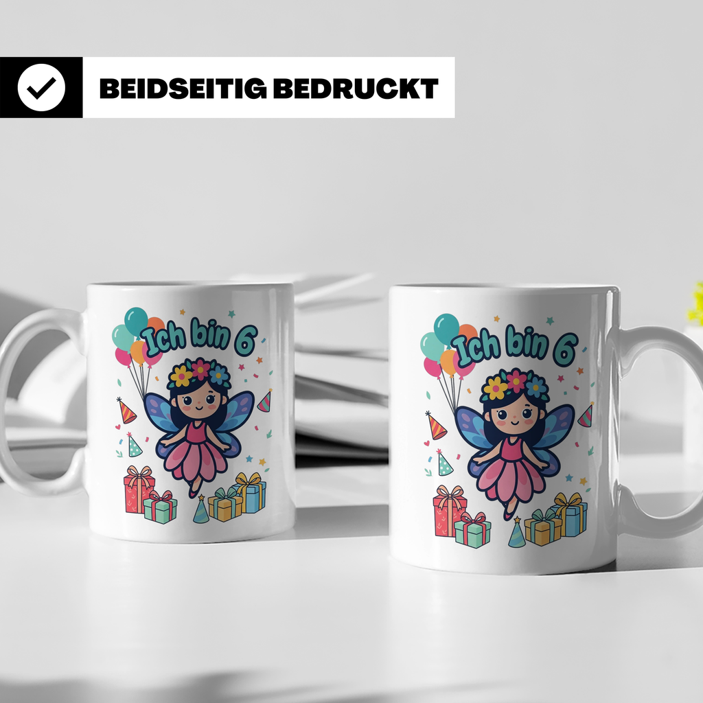 Tasse 6. Geburtstag Mädchen Fee, Ich bin 6 Spruch, Geschenk  – Weiß [farbe:weiß]
