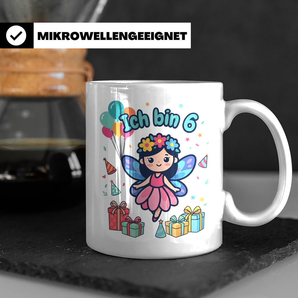 Tasse 6. Geburtstag Mädchen Fee, Ich bin 6 Spruch, Geschenk  – Weiß [farbe:weiß]