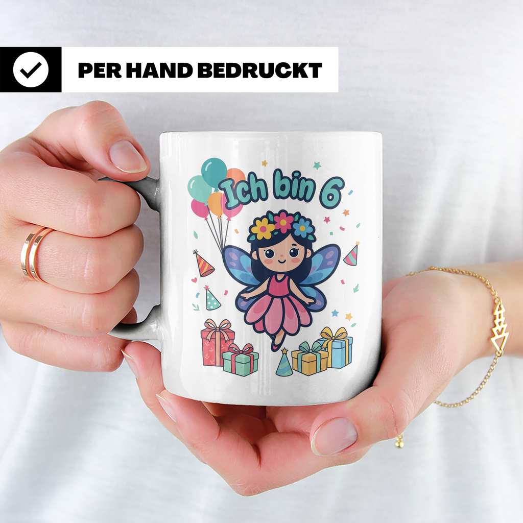 Tasse 6. Geburtstag Mädchen Fee, Ich bin 6 Spruch, Geschenk  – Weiß [farbe:weiß]