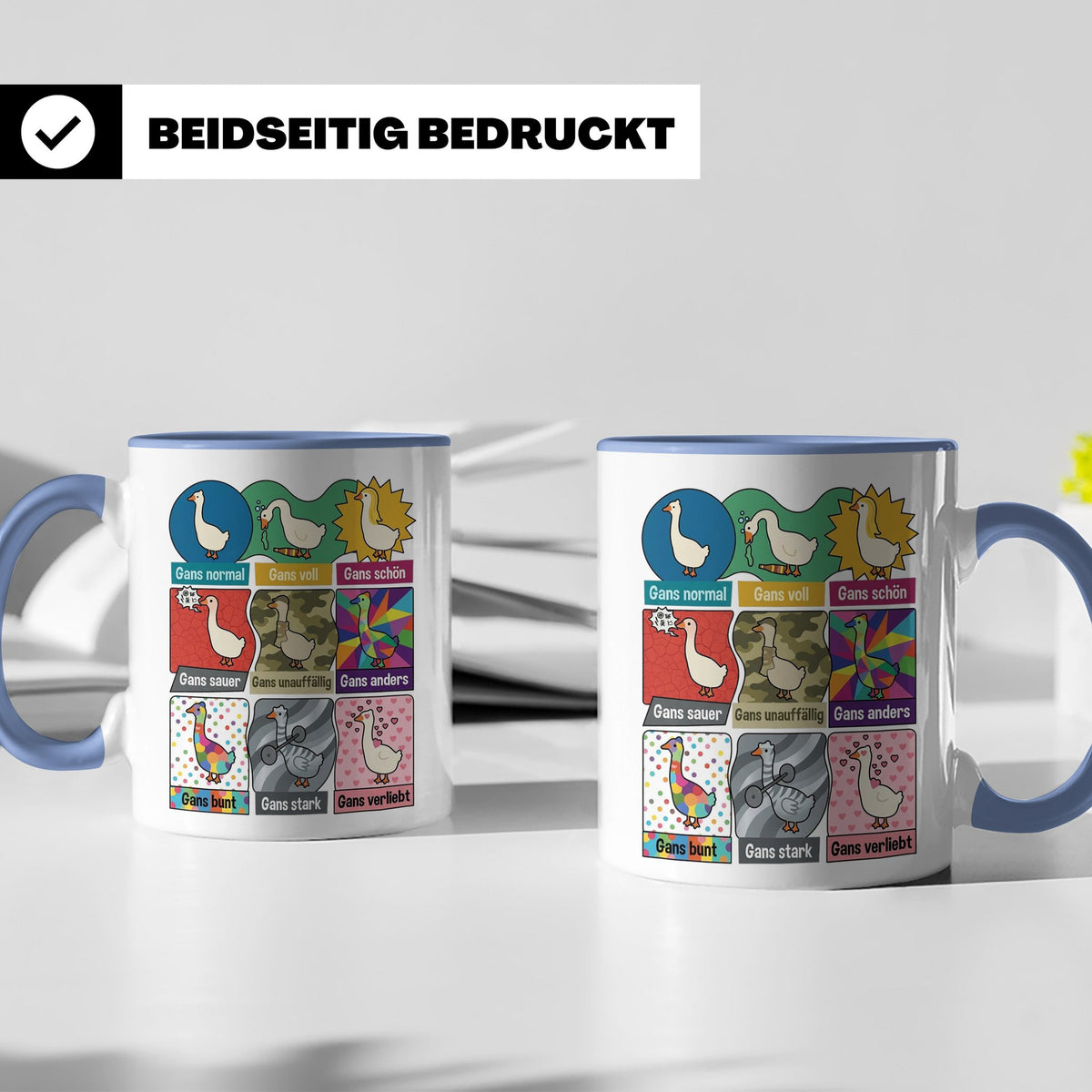 Gans Tasse mit lustigem Wortspiel Spruch, Kaffeetasse für Bü – Blau [farbe:blau]