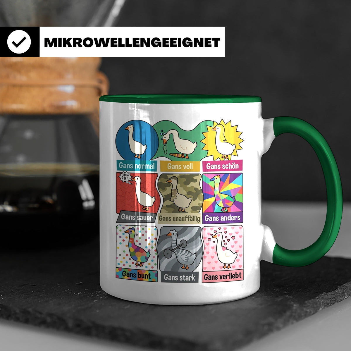 Gans Tasse mit lustigem Wortspiel Spruch, Kaffeetasse für Bü – Grün [farbe:grün]