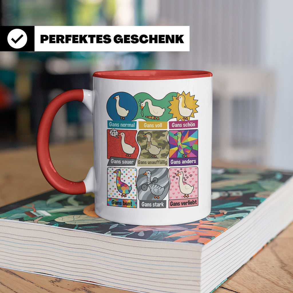Gans Tasse mit lustigem Wortspiel Spruch, Kaffeetasse für Bü – Rot [farbe:rot]