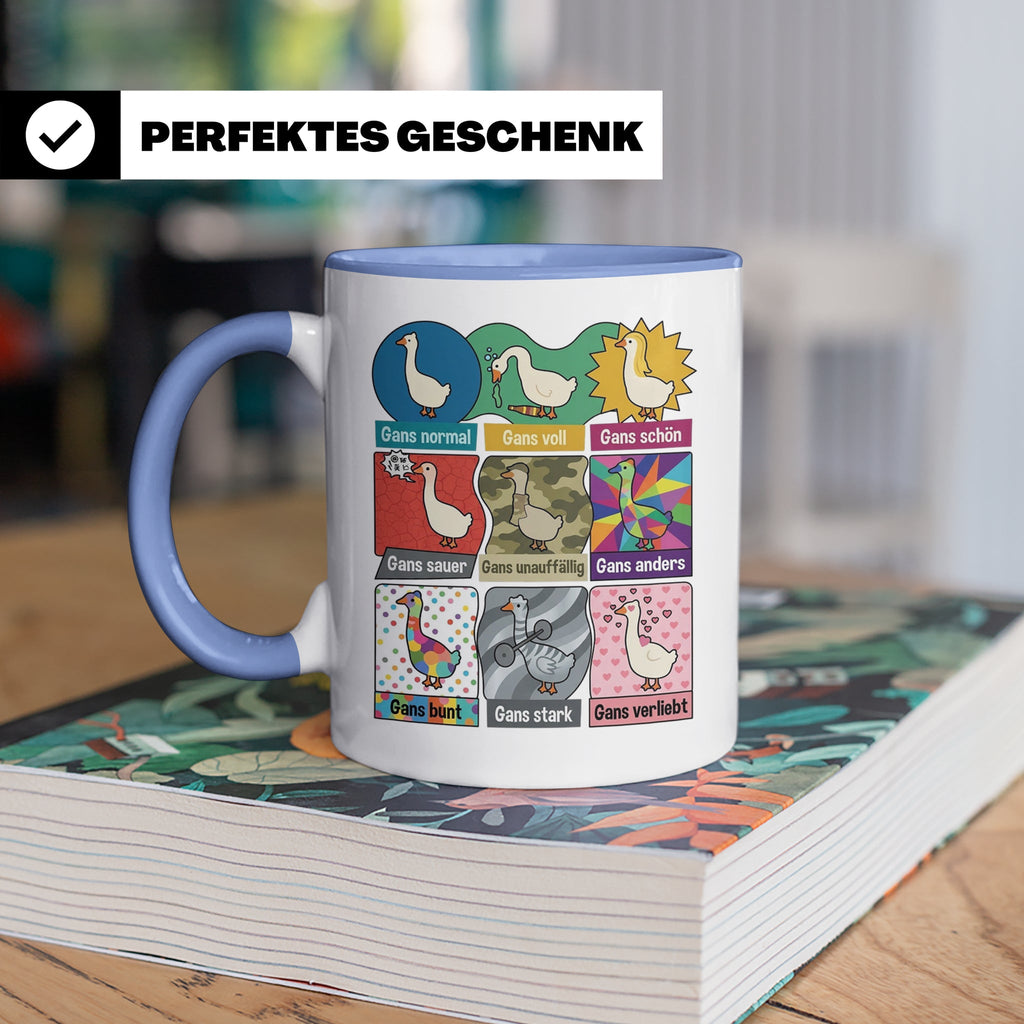 Gans Tasse mit lustigem Wortspiel Spruch, Kaffeetasse für Bü – Blau [farbe:blau]