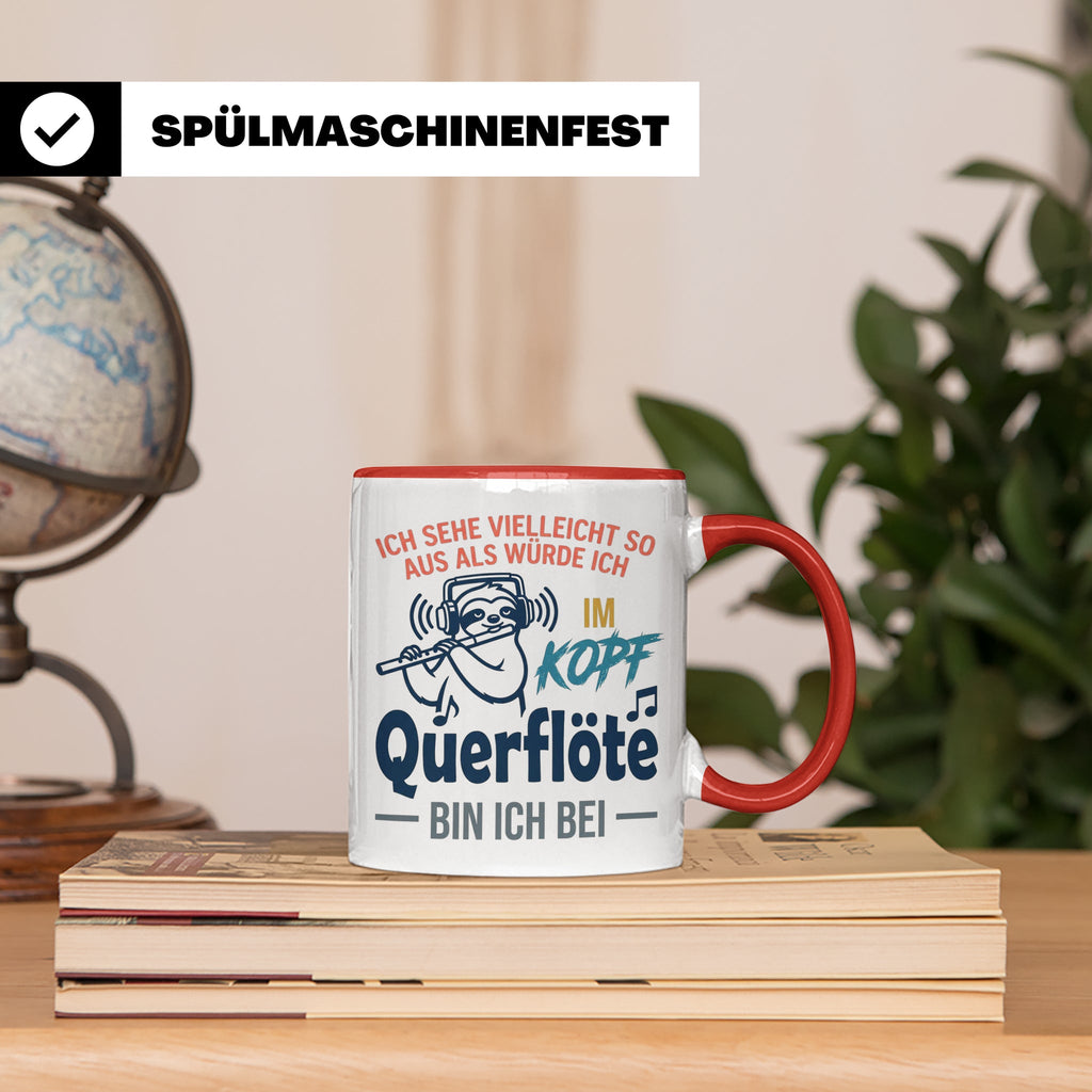 Querflöte Tasse mit Faultier Spruch, Geschenk für Flötistin, – Rot [farbe:rot]