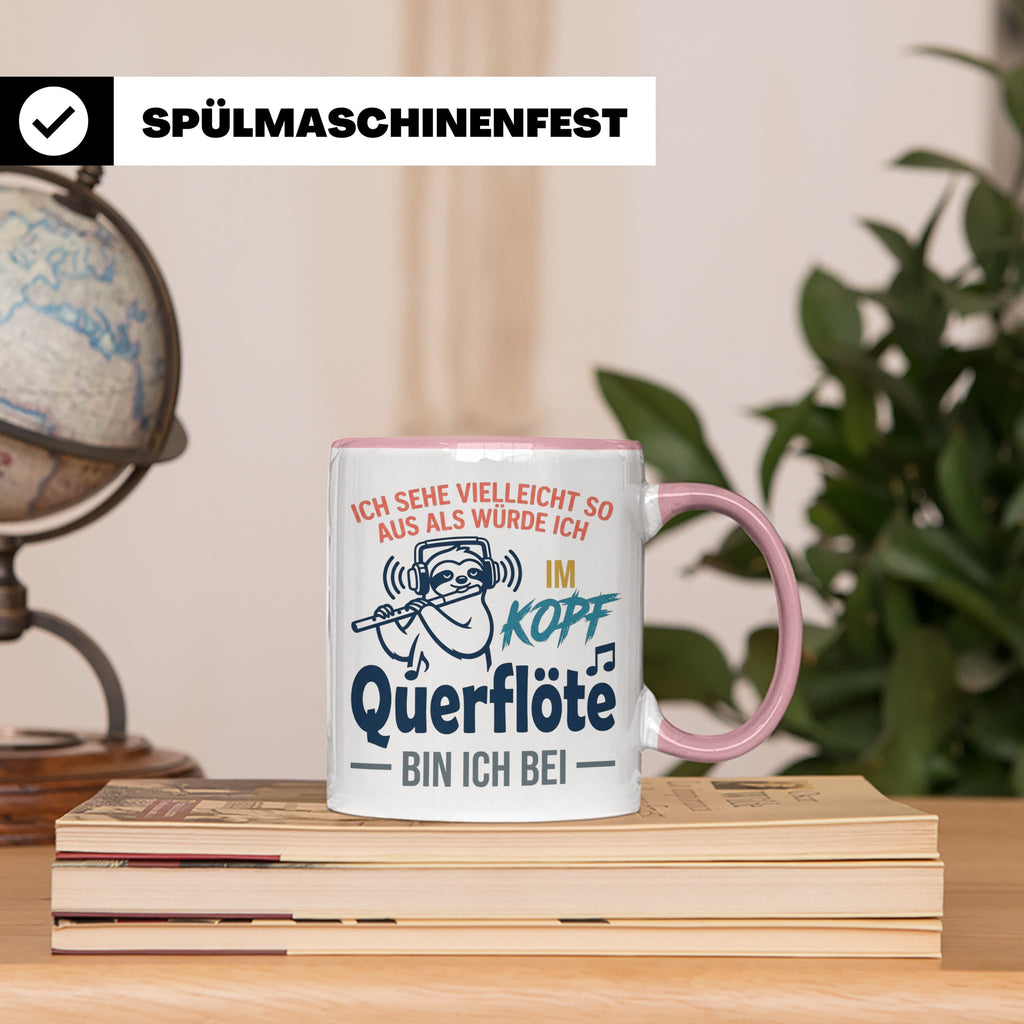 Querflöte Tasse mit Faultier Spruch, Geschenk für Flötistin, – Rosa [farbe:rosa]