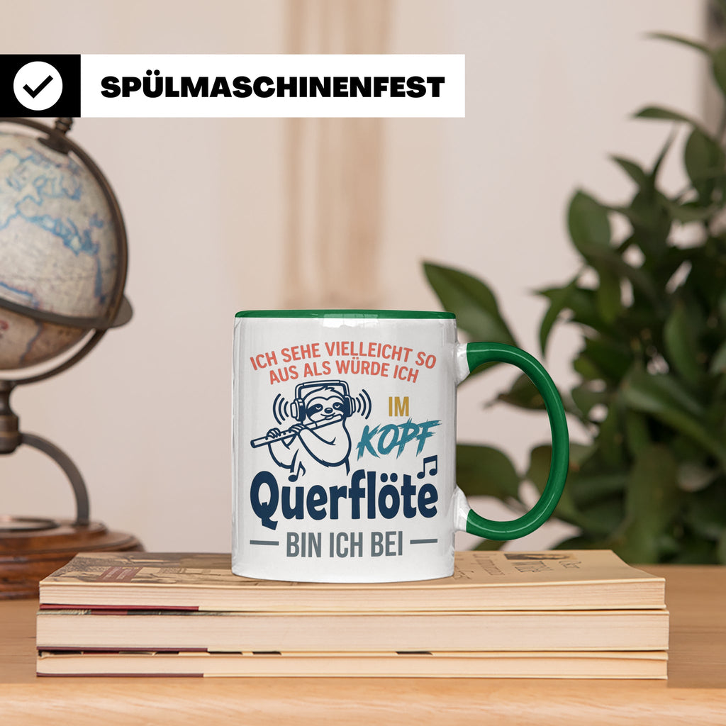 Querflöte Tasse mit Faultier Spruch, Geschenk für Flötistin, – Grün [farbe:grün]