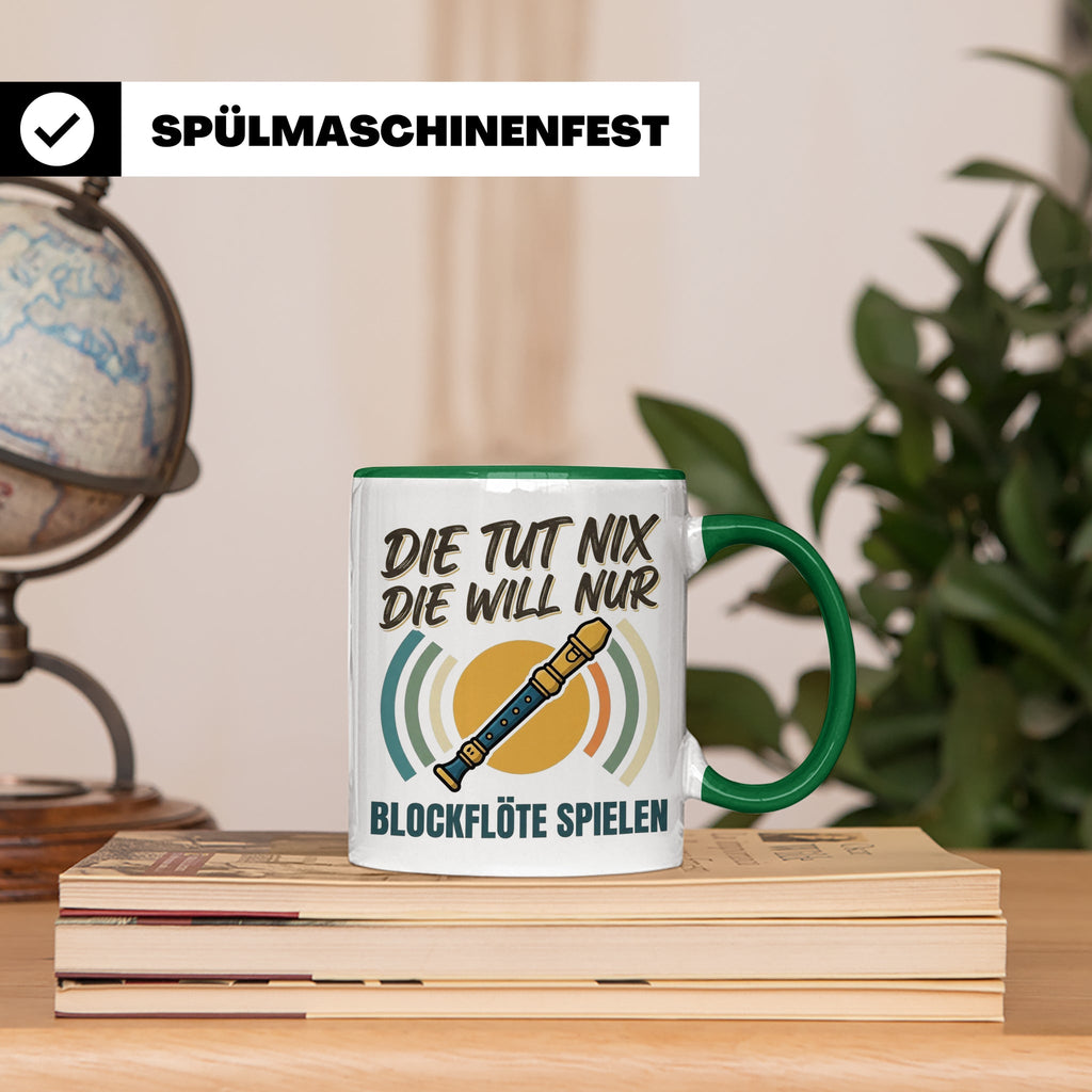 Blockflöte Tasse mit Spruch Die tut nix die will nur spielen – Grün [farbe:grün]