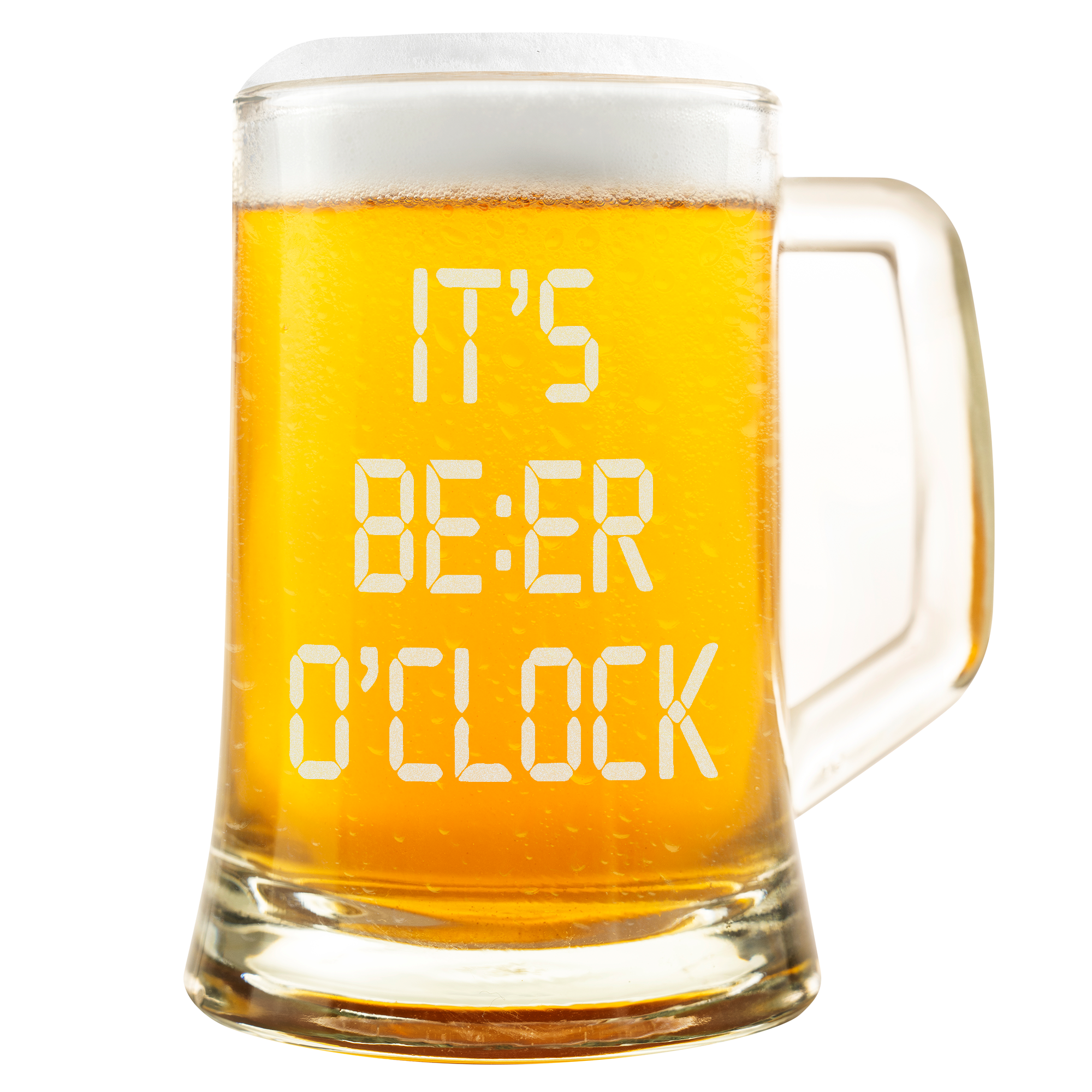 Bierkrug Glas mit Gravur – Beer O’Clock Motiv, lustiges Geschenk Geburtstag, Männergeschenk, Feierabend, Party, Humor, Bierliebhaber