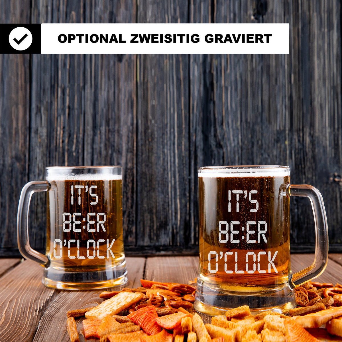 Bierkrug Glas mit Gravur – Beer O’Clock Motiv, lustiges Geschenk Geburtstag, Männergeschenk, Feierabend, Party, Humor, Bierliebhaber