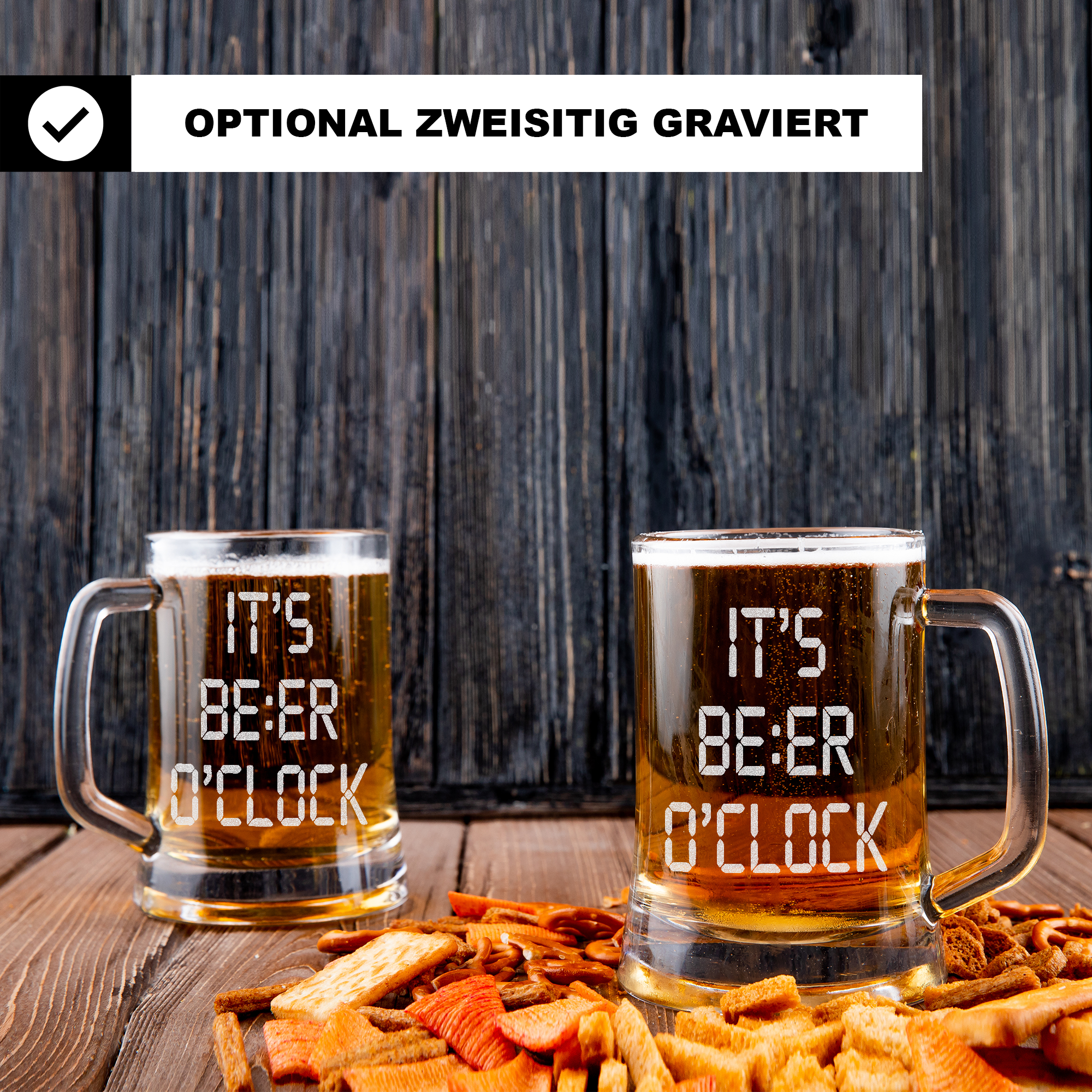 Bierkrug Glas mit Gravur – Beer O’Clock Motiv, lustiges Geschenk Geburtstag, Männergeschenk, Feierabend, Party, Humor, Bierliebhaber