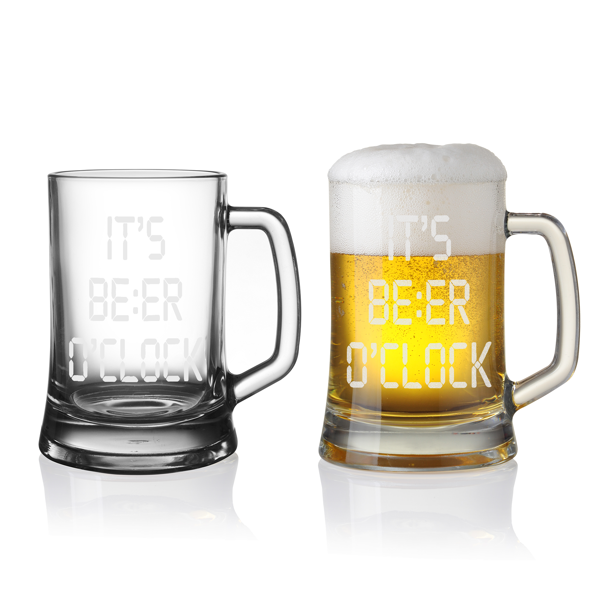 Bierkrug Glas mit Gravur – Beer O’Clock Motiv, lustiges Geschenk Geburtstag, Männergeschenk, Feierabend, Party, Humor, Bierliebhaber