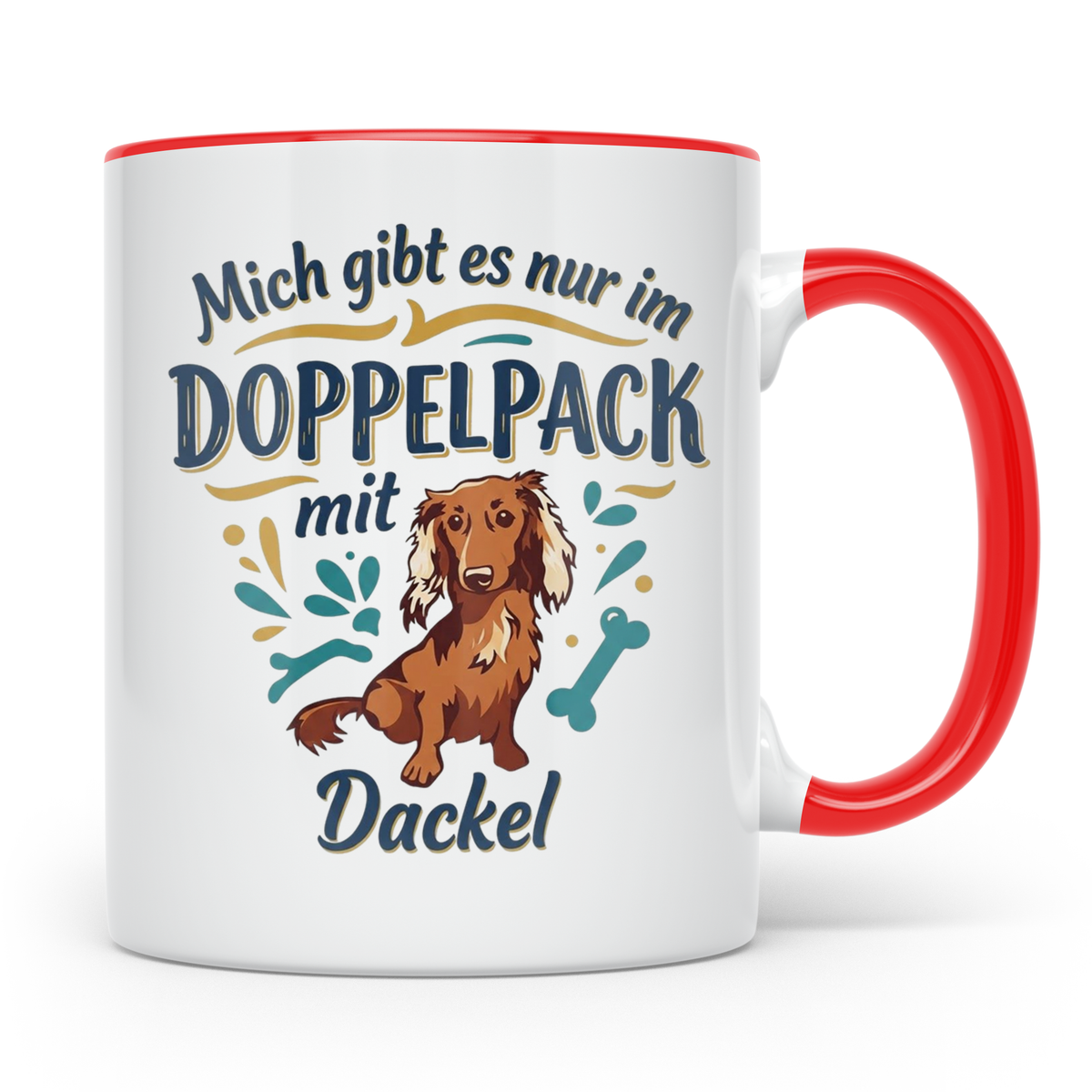 Dackel Tasse "Mich gibt es nur im Doppelpack" Langhaardackel – Rot [farbe:rot]