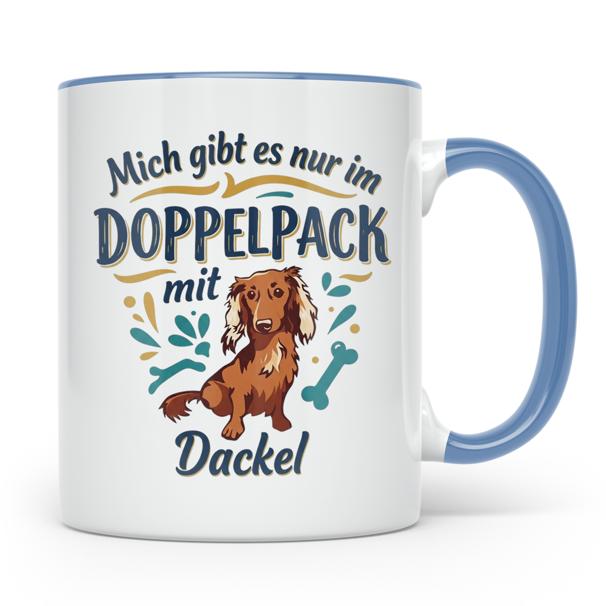 Dackel Tasse "Mich gibt es nur im Doppelpack" Langhaardackel – Blau [farbe:blau]