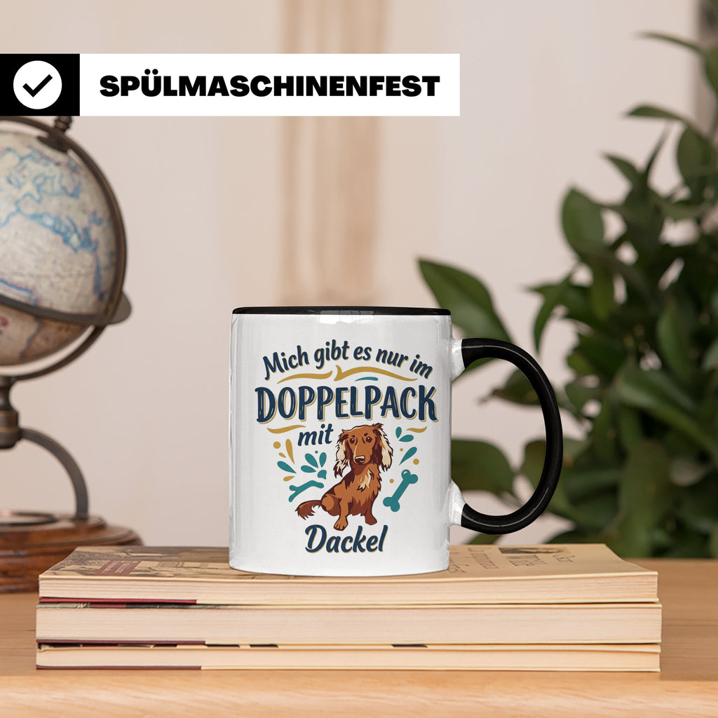 Dackel Tasse "Mich gibt es nur im Doppelpack" Langhaardackel – Schwarz [farbe:schwarz]