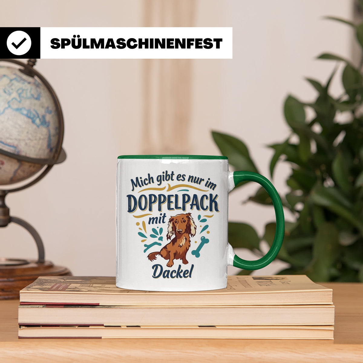Dackel Tasse "Mich gibt es nur im Doppelpack" Langhaardackel – Grün [farbe:grün]
