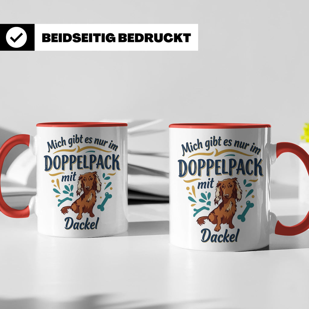 Dackel Tasse "Mich gibt es nur im Doppelpack" Langhaardackel – Rot [farbe:rot]