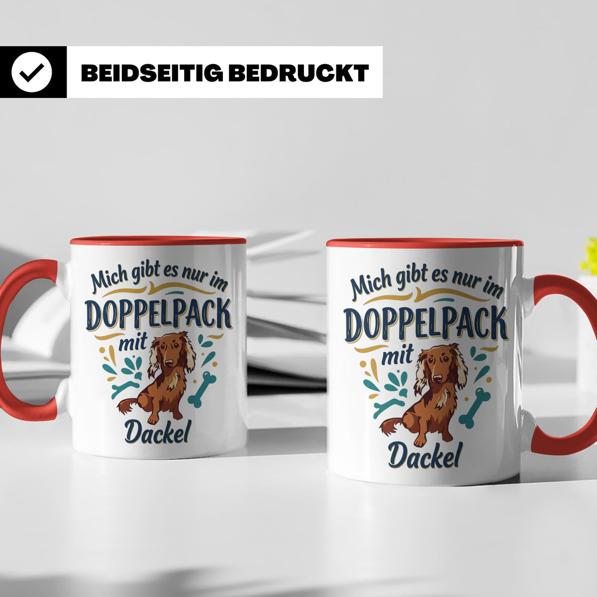 Dackel Tasse "Mich gibt es nur im Doppelpack" Langhaardackel – Rot [farbe:rot]