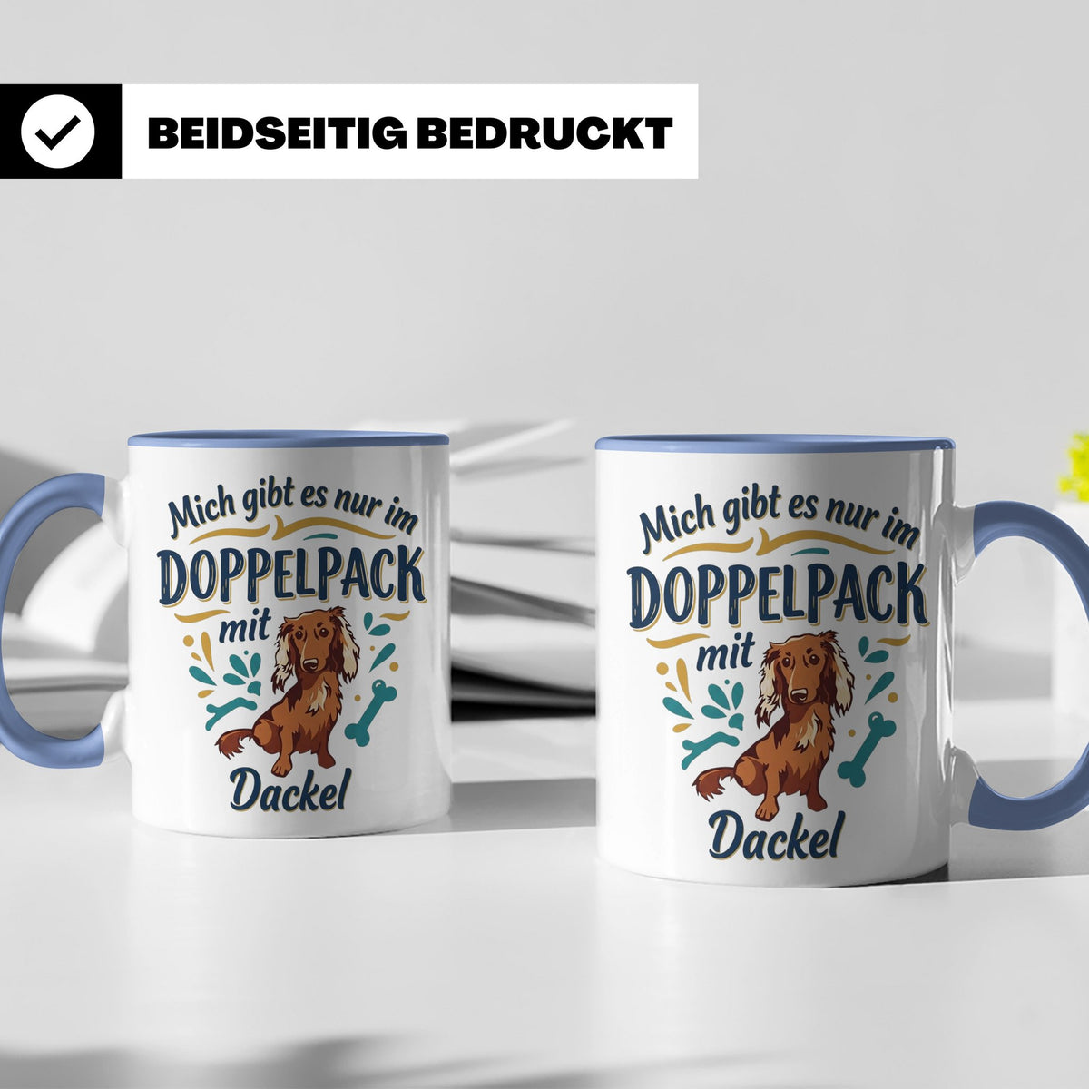 Dackel Tasse "Mich gibt es nur im Doppelpack" Langhaardackel – Blau [farbe:blau]